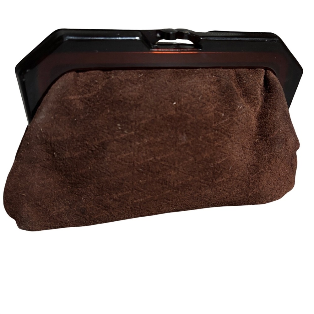 Vintage Brown Suede Clutch Bag Tortoiseshell Lucite Frame Kiss Lock Evening Bag